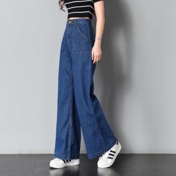 Women Girls Retro Wide-Leg Flared Trousers Spring Autumn High Waist Jeans Long Pants Denim Loose Jeans