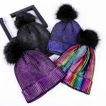 Women Girls Warm Metallic Shiny Knitted Crochet Beanie Hat with Pom Pom