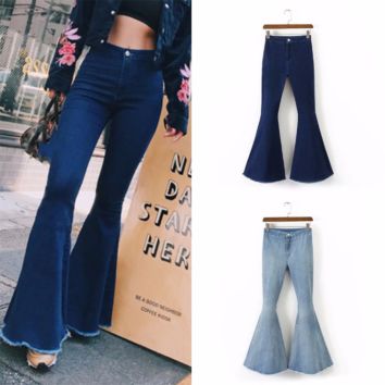 Women High Waist Wide Leg Pants Bell Bottoms Ladies Flare Jeans