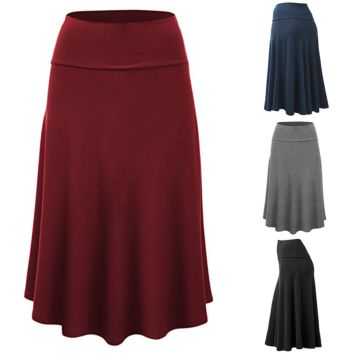 Women Ladies Plain Midi High Waist Casual Knee Length Swing Flared Skirt Dress