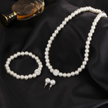 Women Pearl Wedding Jewelry Set Earring&Bracelet and Necklace