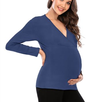 Women Pregnant Nursing Maternity V-Neck Long Sleeve Tops Solid Blouse Casual Breastfeeding Clothes Blusas De Embarazadas