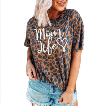 Women Short Sleeve Mama T-Shirt Gray Leopard Printed Mom Life Tshirt Vintage Tee Top Korean Clothes Asia Size