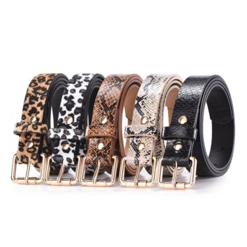 Women Snakeskin Leopard Print Pu Leather Dress Jeans Waist Belt for Girls and Ladies Gold Color Pin Buckle