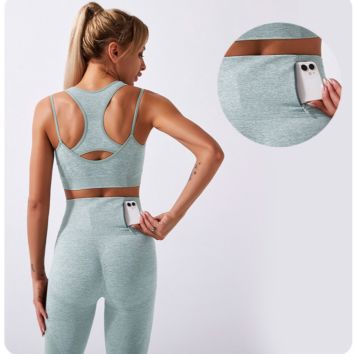 Women Spaghetti Strap Racer Back Bra High Waist Pocket Leggings Workout Yoga Wear Seamless Stretchy Two Piece Fitness Set
