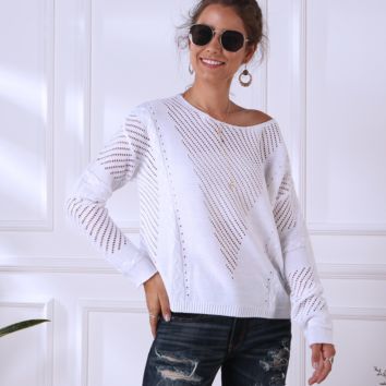 Women Sweaters Women's Knitted Sweater round Collar Hollow Hemp Long-Sleeve Girl Knit Pullover Sweater