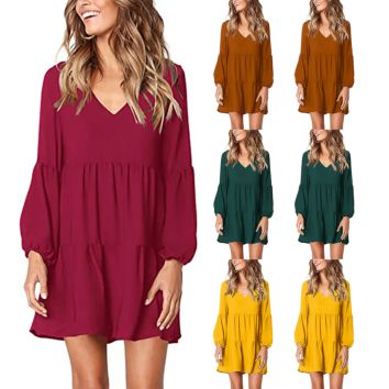 Women Tunic Dress V Neck Casual Loose Flow Swing Shift Dresses