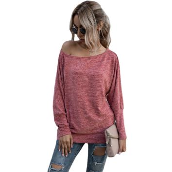 Women's Casual Solid Tops Loose off Shoulder Long Sleeve T-Shirt Ladies Clothing