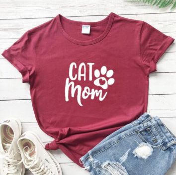 Women's Cat Mom Letter T-Shirt O-Neck Casual Shirt Oversized Loose Print T-Shirt