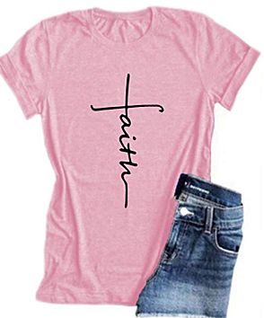 Women's Faith T-Shirt Casual Short Sleeve Side Button Letter Printed Cute Graphic Tee Shirts Tops