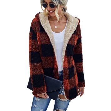 Womens Fuzzy Open Front Hooded Cardigan Plaid Reversible Sherpa Fleece Jacket Pullover
