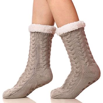 Womens Knit Fleece Cable Gripper Socks Warm Fuzzy Non-Slip Home Floor Slipper Socks