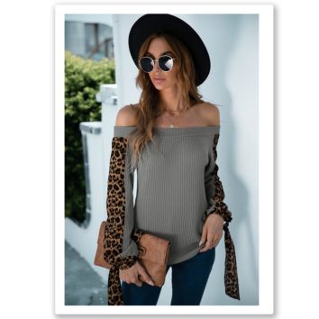 Womens Knit Top Drop Shoulder plus Leopard Color Block Casual Sweater