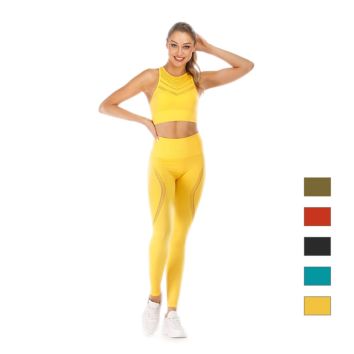 Women's Mesh Hollow Gym Sports Bra Seamless Set High Waist Yoga Suit