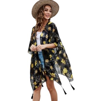 Women's Oversize Chiffon Shawl Wrap Sheer Kimono Beachwear Cover up with Floral Design