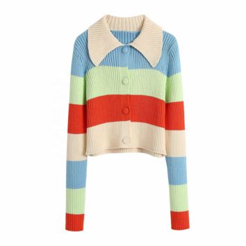 Women's Polo Collar Long Sleeve Color Stripe Cardigan Jacket Slim Short Knit Sweater Cardigan