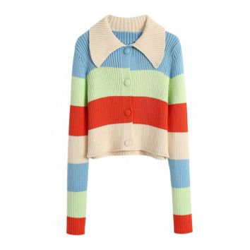 Women's Polo Collar Long Sleeve Color Stripe Cardigan Jacket Slim Short Knit Sweater Cardigan