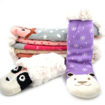 Womens Sherpa Fleece Lining Knit Animal Socks Non Slip Fuzzy Cozy Slipper Socks Fleece-Lined Slipper Socks with Grippers