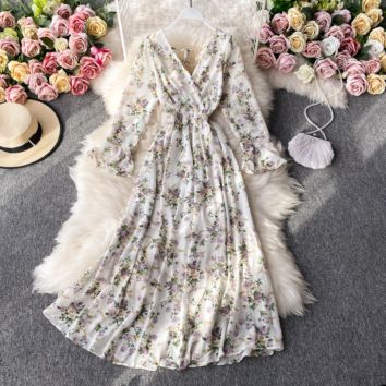 Women's Spring Floral Dress Retro Long Sleeve Chiffon Dress V-Neck Bell Sleeve High Waist Slimming Midi Dress