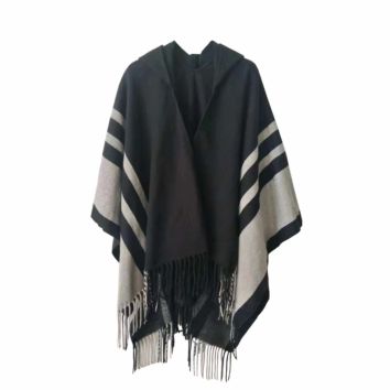 Womens Stripe Cardigan Shawls Poncho Capes Tassel Cashmere Ladies Blanket Hooded Shawl Poncho