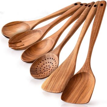 Wooden Utensils for Cooking - Non-Stick Soft Comfortable Grip Wooden Cooking Utensils - Smooth Teak Wooden Spoon Sets