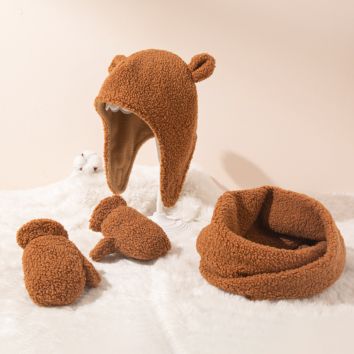 Xufang Hats in Stock Pure Color Teddy Cashmere Kids Cute Warm Caps Scarf and Gloves Set