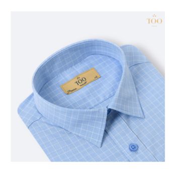 Yarn Dyed Formal Men Collar Shirts Small Checked in Blue Cotton Bamboo Dress Shirt from Vietnam Fiber