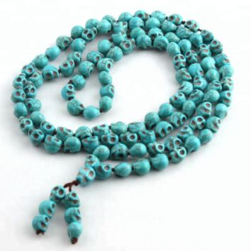 Yoga Jewelry Long Knotted Tibetan Buddhism Necklace 108Pc Turquoise Bone Skull Heads Prayer Bead Mala Necklace