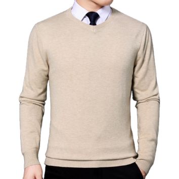 Youth Men's Autumn and Knitwear V-Neck Pullover Pure Color Casual Warm Sweater