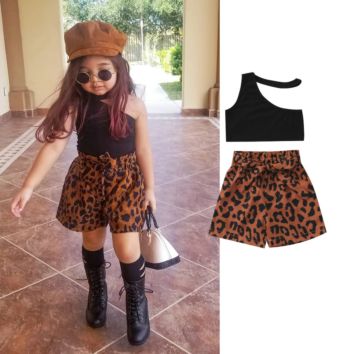 1-6Y Kids Girls Clothes Sets One Shoulder Solid Vest Tops Leopard Shorts 2Pcs Outfits