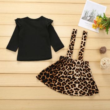 2Pcs Toddler Kids Long Sleeve Black T-Shirt Tops Leopard Suspender Skirt Outfits Baby Girl Casual Girls Clothes Set