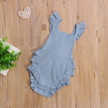 3 Colors 0-24M Infant Baby Girls Boys Rompers Solid Ruffles Short Sleeve Backless Jumpsuits Outfits