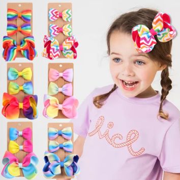 3Pcs/Set Grosgrain Ribbon Hair Bow Attractive Striped Hairgrip Gradient Rainbow Girls Hair Clips Set for Baby Girl