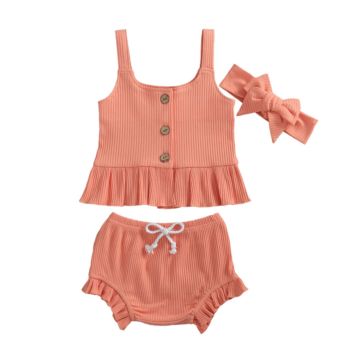 3Pcs/Set Tops+Shorts+Headband Newborn Baby Girls Clothes Ribbed Short Sleeve Ruffles Tanks Toddler Outfits