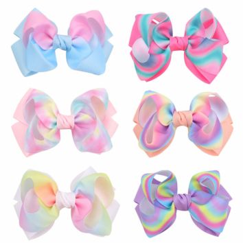4" Rainbow Gradient Colors Boutique Grosgrain Ribbon Hair Bow Clips Kids Girls Barrettes Hairpins