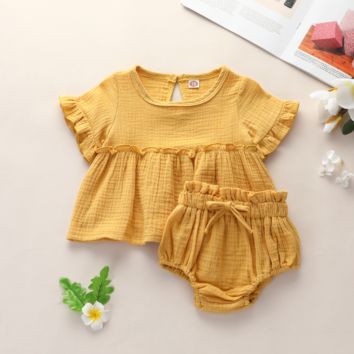 Adorable Muslin Cotton Clothes Baby Girls Ruffle Short Sleeve Tops Bloomers Set