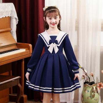 Autumn Children's Sailor Collar Design Bow Embellished Blue and Red Preppy Style Dress Slim Fit Short Princess Dress