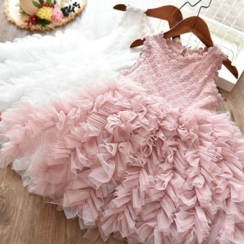 Baby Girls Birthday Party Sleeveless Pink Ruffled Princess Mesh Tutu Kids Casual Dress