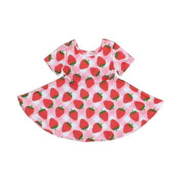 Baby Girls Cotton Children Clothes Milk Silk Plaid Strawberry Twirl Knee Length Short Sleeve Dress