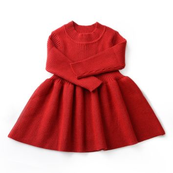 Baby Girls Dress Warm Kids Clothing Wool Knitted Girl Solid Long Sleeve Dresses Autumn