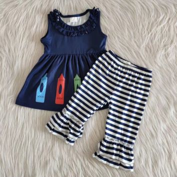 Back to School Baby Girls Casual Dresses Sleeveless Crayon Print Match Infant Striped Print Ruffle Long Pants Casual Outfits Set