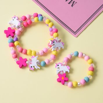 Belleworld Handmade Kids Girl Jewelry Candy Color Cartoon Unicorn Wooden Bead Necklace Bracelet Set for Party