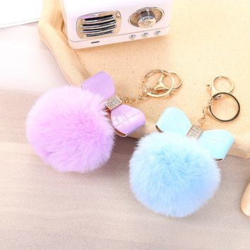 Bm1110 Purple Bow Rhinestone Pom Pom Keychain Fluffy Ball Key Chain Faux Fur Ball Keyrings for Girls Women