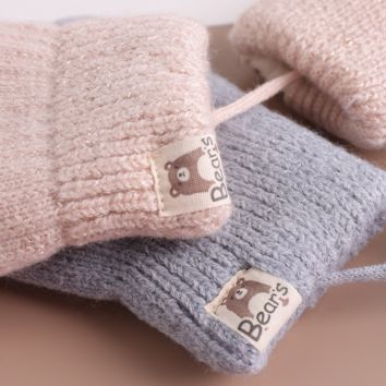 Children Hanging Neck Mittens Gloves Warm Thick Kid Cut Cartoon Bear Full Finger Knitting Gloves