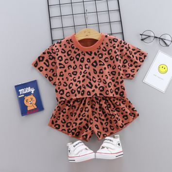 Children's Baby Girl Children's Leisure Leopard Print round Neck Short-Sleeved T-Shirt