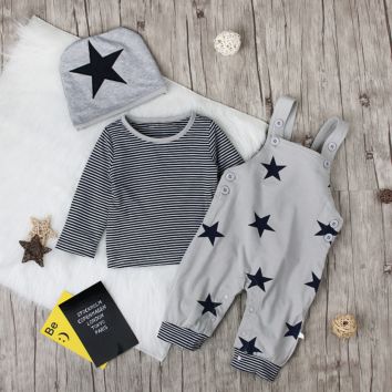 Children's Foreign Trade Spring and Autumn Style Children's Suit Boys Star Straps Trousers + Long Sleeves T Shirt + Hat Three Pi