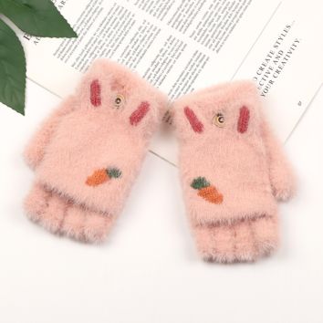 Cute Rabbit Carrot Logo Cartoon Kids Gloves Warm Half and Mittens Knitted Ggloves for Children