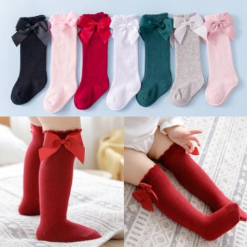 Cute Solid Color High Elasticity Baby Kid Boneless Dress Big Bow Cotton Socks 325