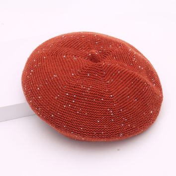 Fall Dome Knit Beret Shiny Sequins Sweet Lovely Wool Hat Women Outdoor Garment Accessory