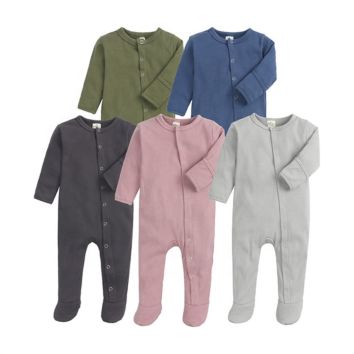 Fall Kids Solid Color Long Sleeve Hand Cover Footed Pajamas Jumpsuit with Snap Infant Footie Autumn Baby Romper